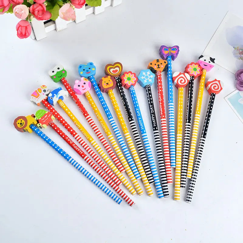 Children's pencil with cartoon rubber head creative HB pupil pencil gift stationery. pack of 6