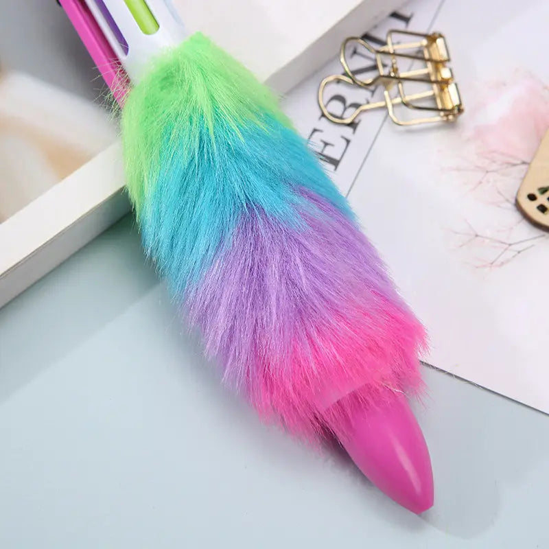 6-in-1 Multicolor Fluffy Retractable Pen Set: Ideal for School and Office" po-1