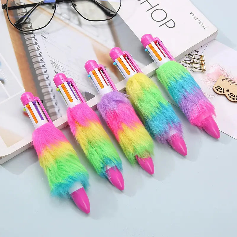 6-in-1 Multicolor Fluffy Retractable Pen Set: Ideal for School and Office" po-1