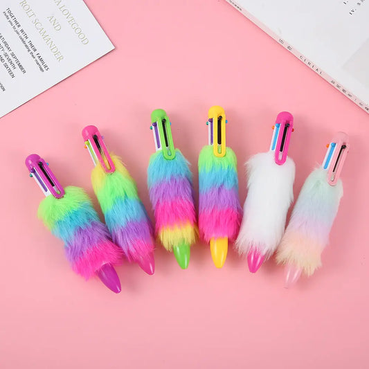 6-in-1 Multicolor Fluffy Retractable Pen Set: Ideal for School and Office" po-6