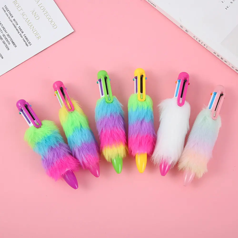 6-in-1 Multicolor Fluffy Retractable Pen Set: Ideal for School and Office" po-5