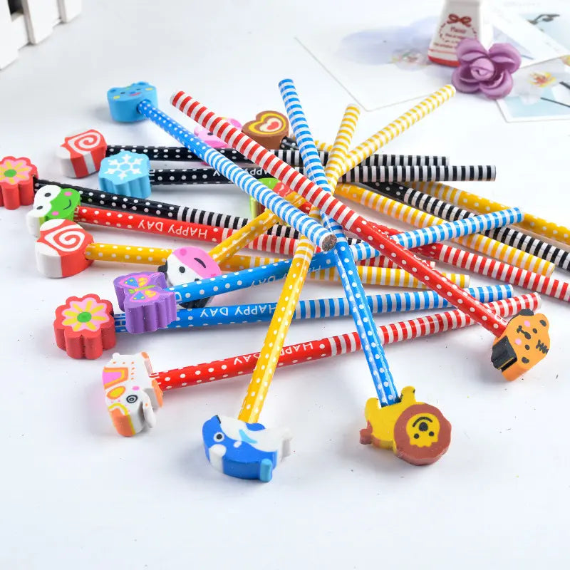 Children's pencil with cartoon rubber head creative HB pupil pencil gift stationery. pack of 6