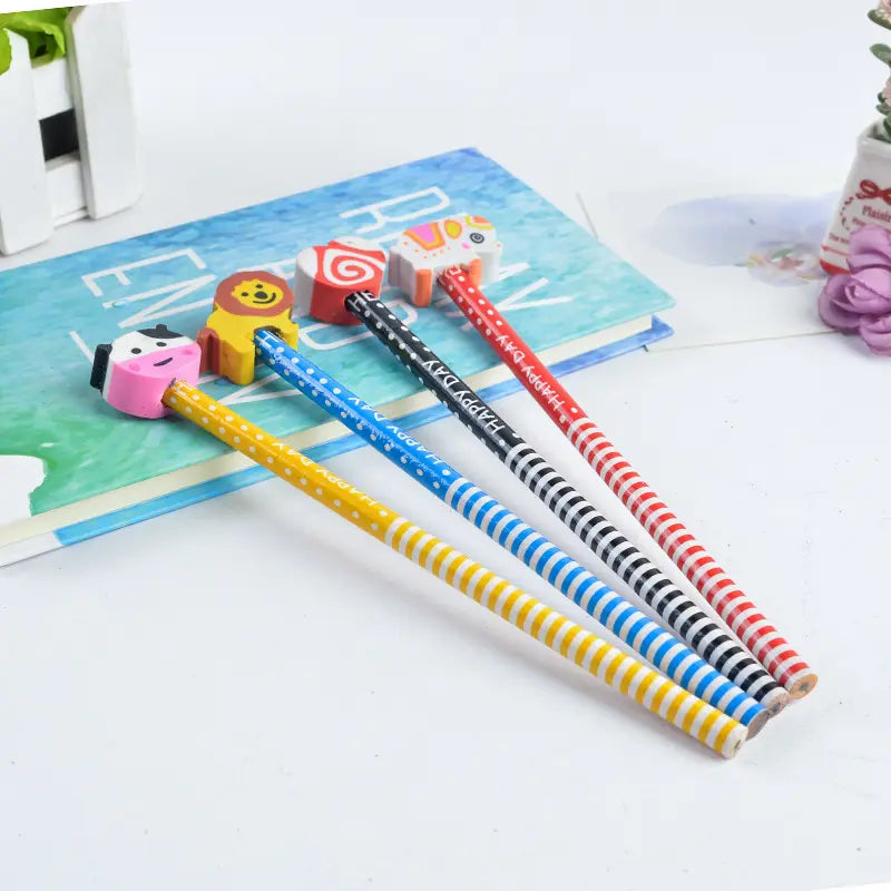 Children's pencil with cartoon rubber head creative HB pupil pencil gift stationery. pack of 6