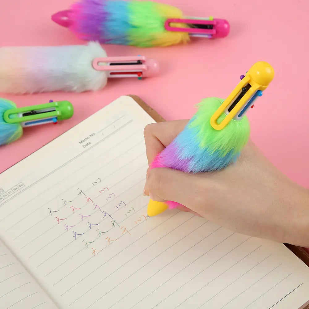 6-in-1 Multicolor Fluffy Retractable Pen Set: Ideal for School and Office" po-1