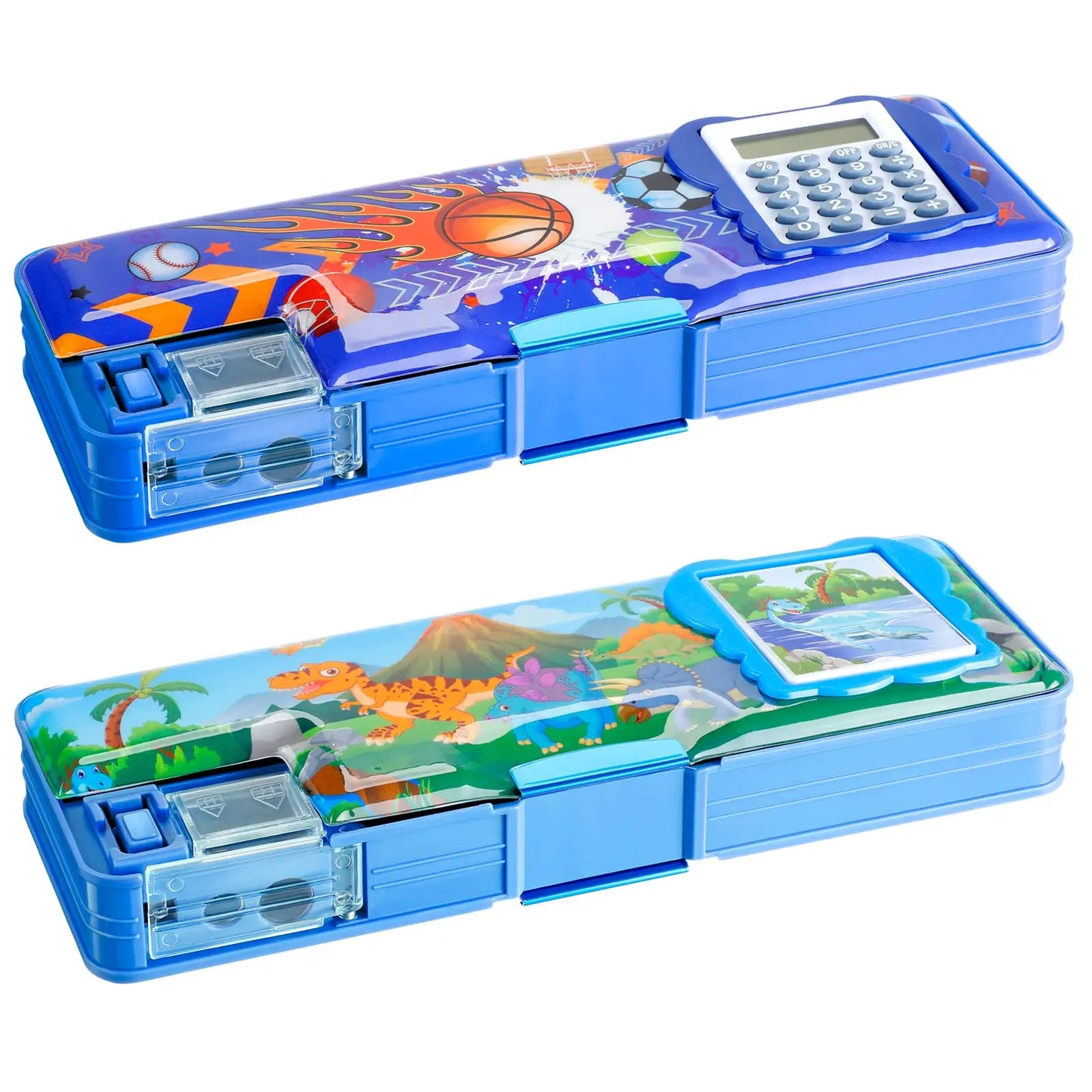 Dual-sided Kids' Stationery Box: Creative Cartoon Design, Durable PU Material.