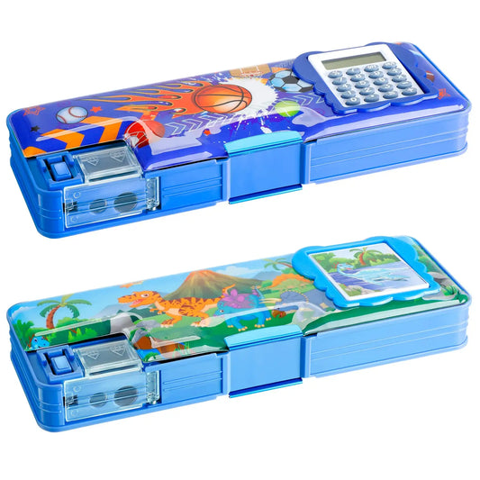 Dual-sided Kids' Stationery Box: Creative Cartoon Design, Durable PU Material.