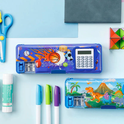 Dual-sided Kids' Stationery Box: Creative Cartoon Design, Durable PU Material.