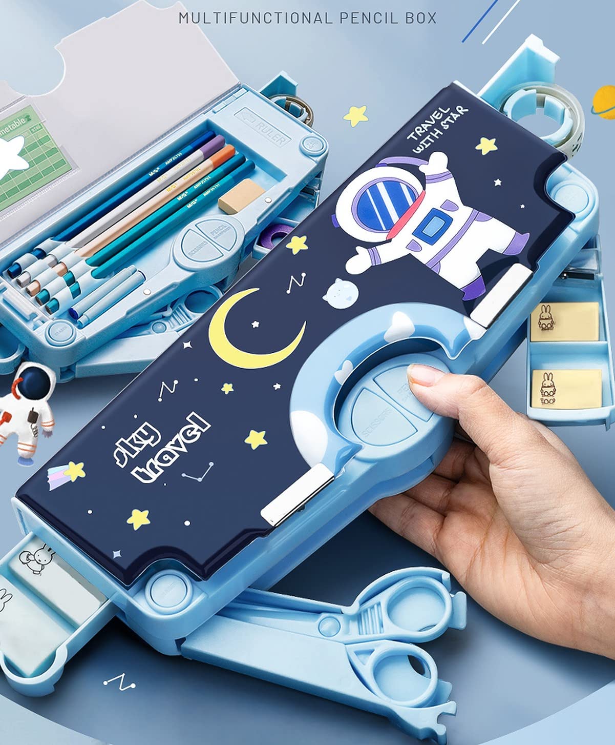 Explore Organized Learning: Astronaut-themed Pencil Box for Students with Craft Scissor, Multifunctional, and Portable Stationery Organizer.