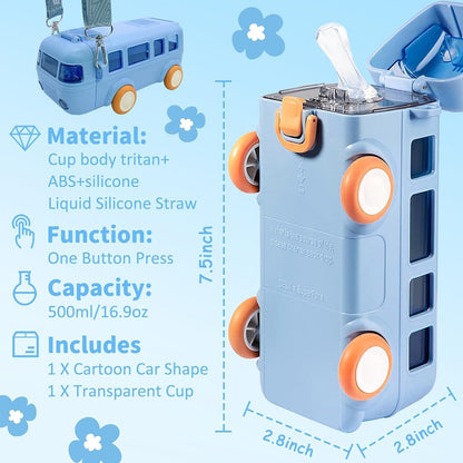 Plastic Bus Water Bottle, Cute Portable 16oz Car Water Cup Shaped Like a Bus with Wheels, Adjustable Silicone Straw and Shoulder Strap for Kids' Outdoor School Trips (Blue)