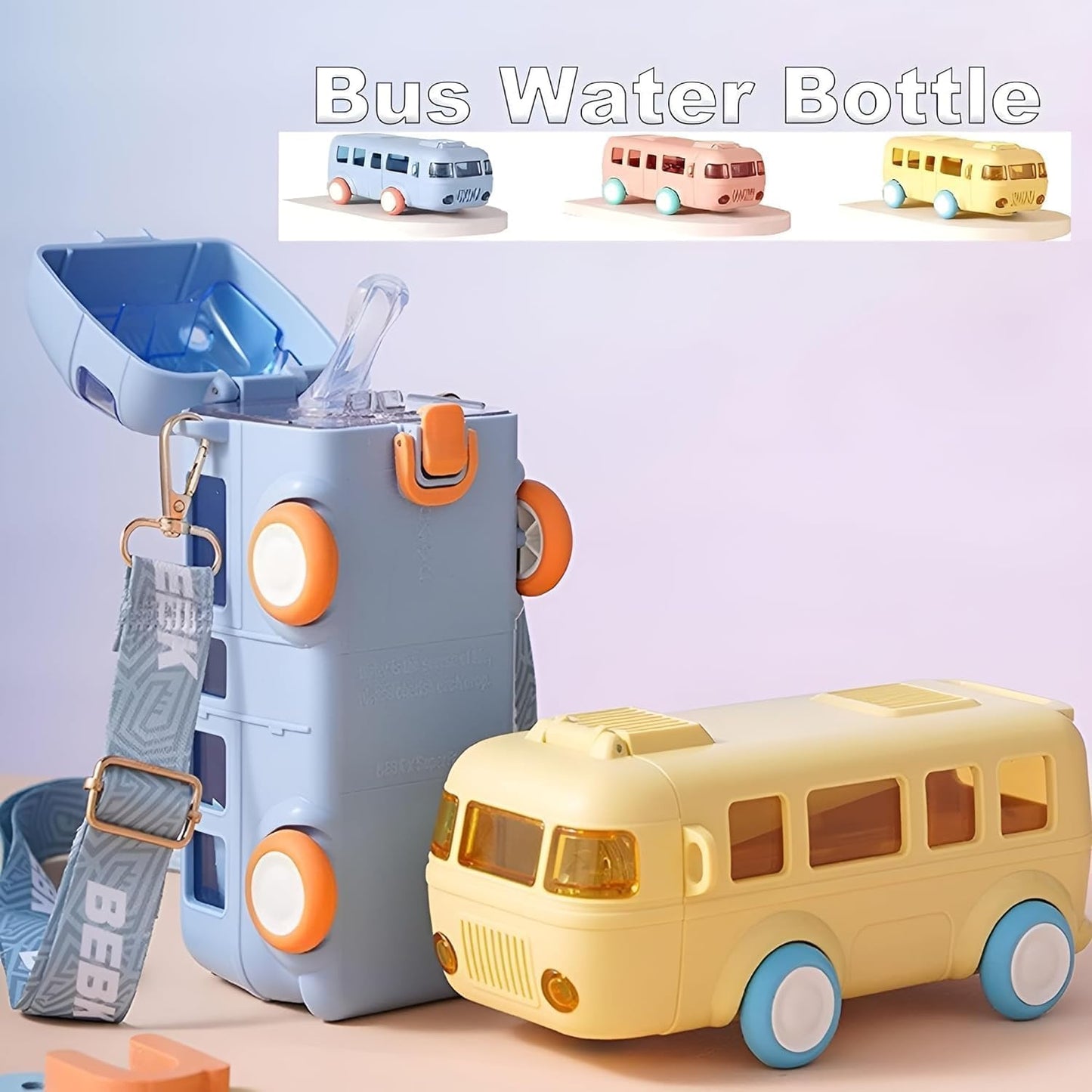 Plastic Bus Water Bottle, Cute Portable 16oz Car Water Cup Shaped Like a Bus with Wheels, Adjustable Silicone Straw and Shoulder Strap for Kids' Outdoor School Trips (Blue)