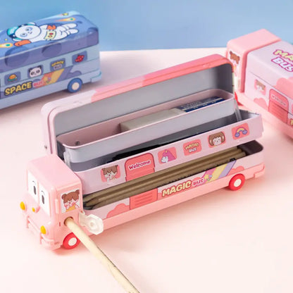 Magic Bus Shaped Pencil Box: Double Decker, Cartoon Print, Moving Wheels