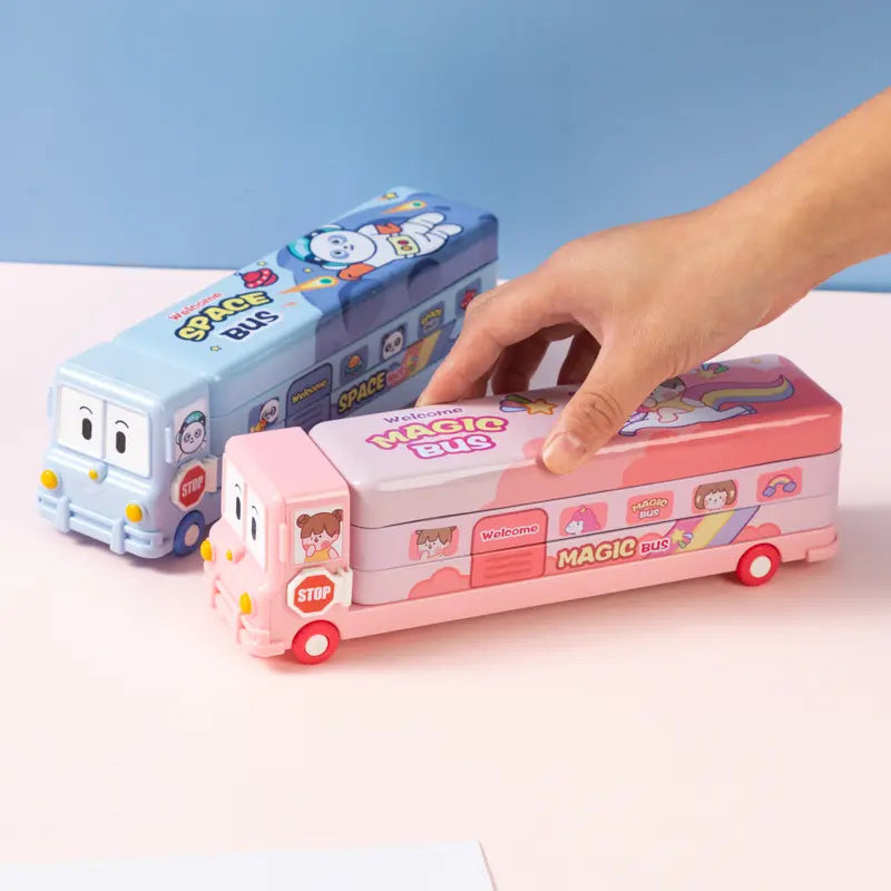 Magic Bus Shaped Pencil Box: Double Decker, Cartoon Print, Moving Wheels