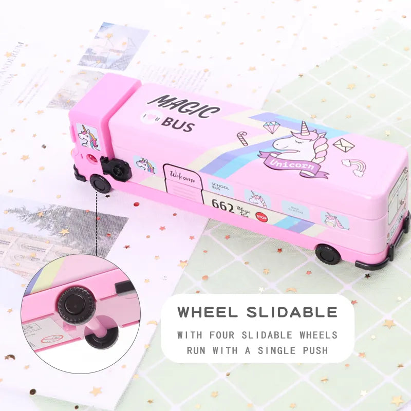 Magic Bus Shaped Pencil Box: Double Decker, Cartoon Print, Moving Wheels