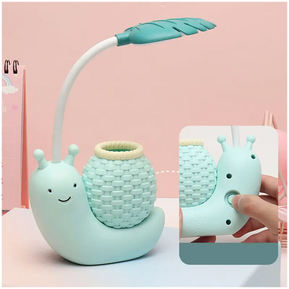 Rechargeable Colorful Dinosaur Snail Lamp with Pen Stand for Kids' Desks.