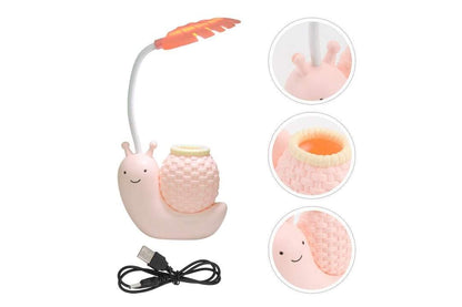 Rechargeable Colorful Dinosaur Snail Lamp with Pen Stand for Kids' Desks.