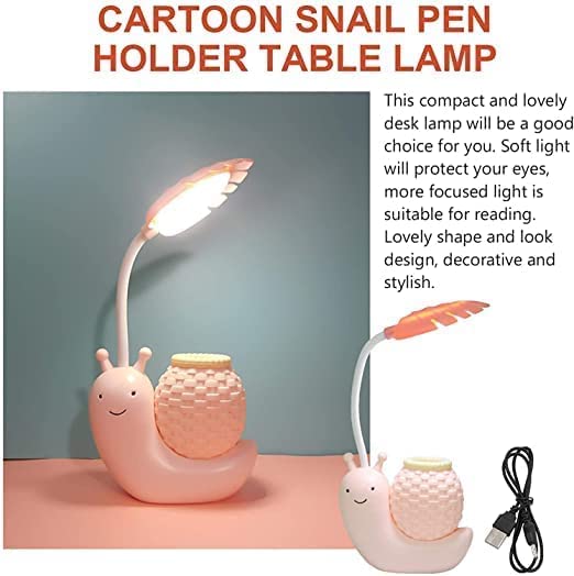 Rechargeable Colorful Dinosaur Snail Lamp with Pen Stand for Kids' Desks.