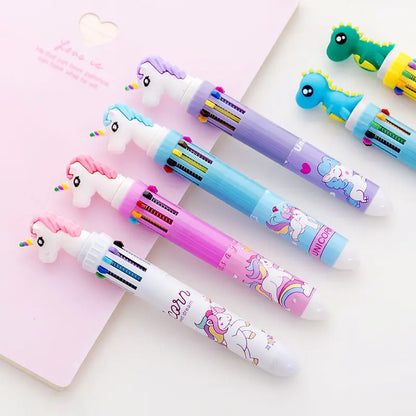 Creative Unicorn 10in1 Ballpoint Pens: Multi-Color, Flamingo, Dinosaur - Pack of 2