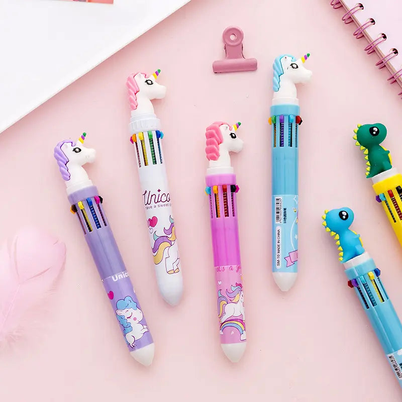 Creative Unicorn 10in1 Ballpoint Pens: Multi-Color, Flamingo, Dinosaur - Pack of 4